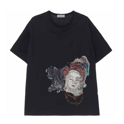 YOHJI YAMAMOTO Bouddha Guanyin tête impression T-shirt à manches courtes lâche o-cou surdimensionné