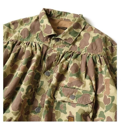 KAPITAL Rétro Camouflage Plissée À Manches Longues Chemise Style Militaire