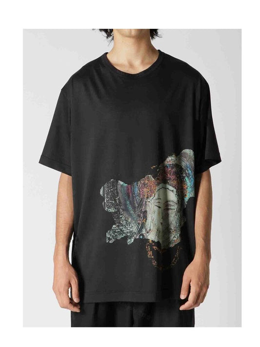 YOHJI YAMAMOTO Bouddha Guanyin tête impression T-shirt à manches courtes lâche o-cou surdimensionné