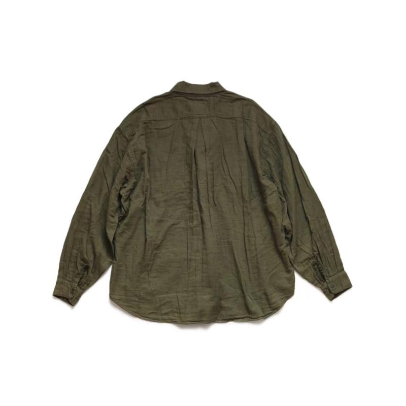 KAPITA Tissu de lin en coton vert militaire lavé et usé Pli Design Chemises à manches longues pour hommes et femmes