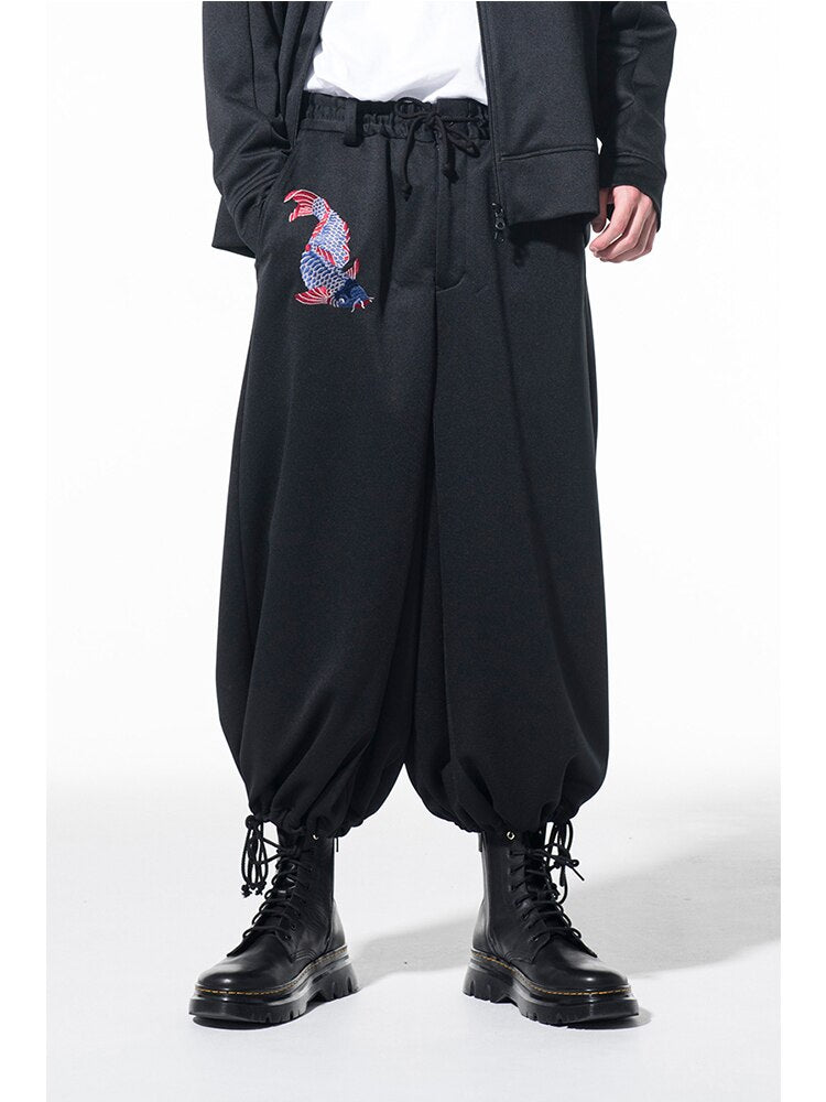 YOHJI YAMAMOTO carpe broderie pantalon surdimensionné jambe large unisexe ballon cordon