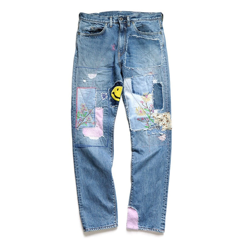 KAPITAL hirata hiroshi industrie lourde lavage épissage baijiabu visage souriant broderie patch trou cassé mode denim jeans