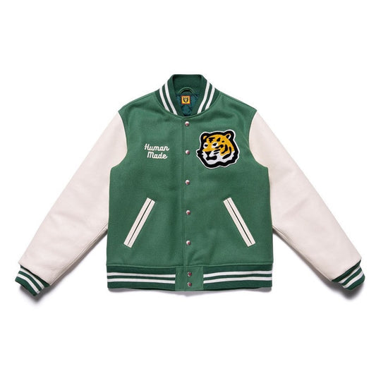 HUMAN MADE Wool Graphic Print Varsity Jacket universitaire en laine Impression graphique Doublure déstructurée Collier Poches fendues et fermeture à pression