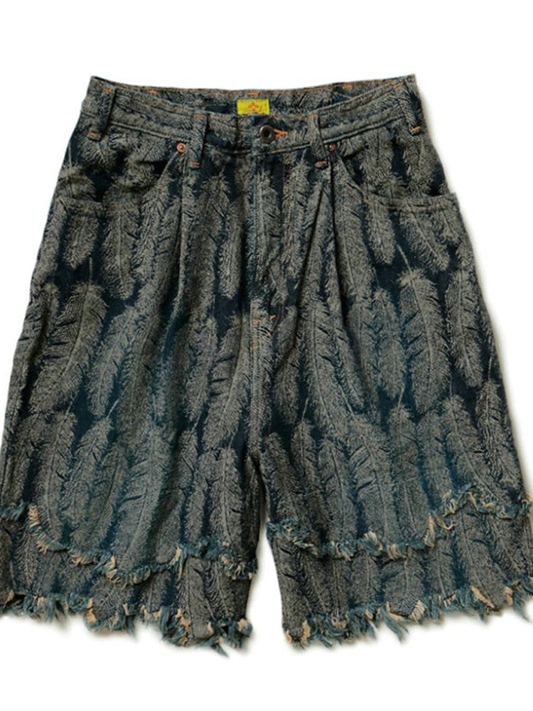 KAPITAL rétro Plume Glands Endommagé Délabré Denim Shorts décontracté