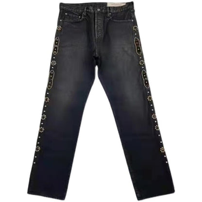 KAPITAL Hirata Hohiro Vintage Washed Gem Broderie Casual Denim Pantalon pour Hommes et Femmes Noir Slim Jeans Haute Qualité