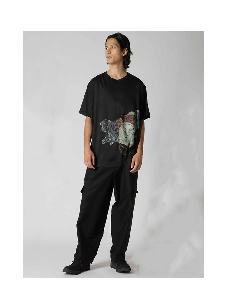 YOHJI YAMAMOTO Bouddha Guanyin tête impression T-shirt à manches courtes lâche o-cou surdimensionné