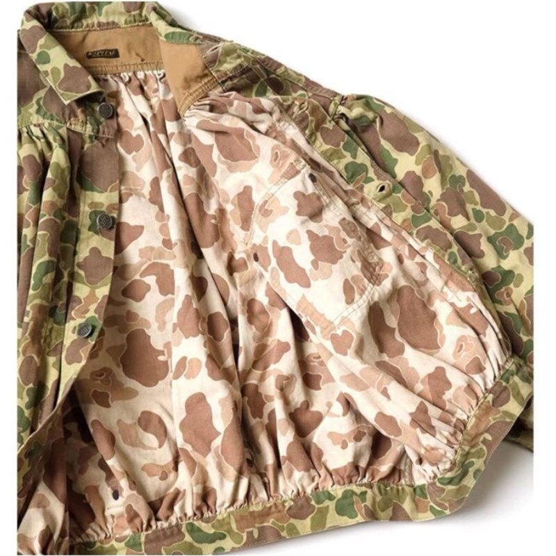 KAPITAL Rétro Camouflage Plissée À Manches Longues Chemise Style Militaire