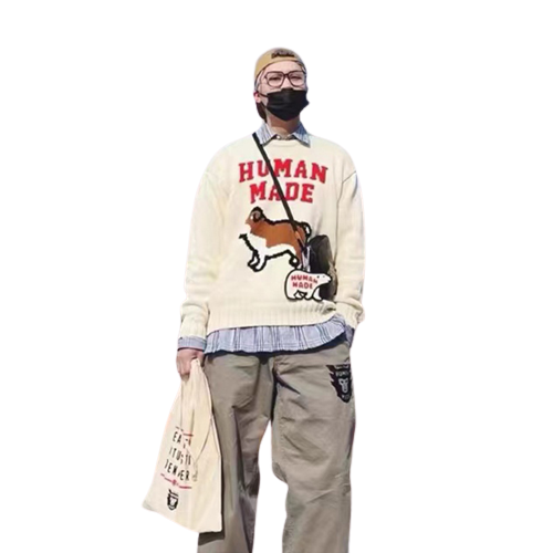 HUMAN MADE SWEAT-SHIRT EN MAILLE DE COTON Bouledogue Français Chiot Pull En Laine Pour Hommes Femmes