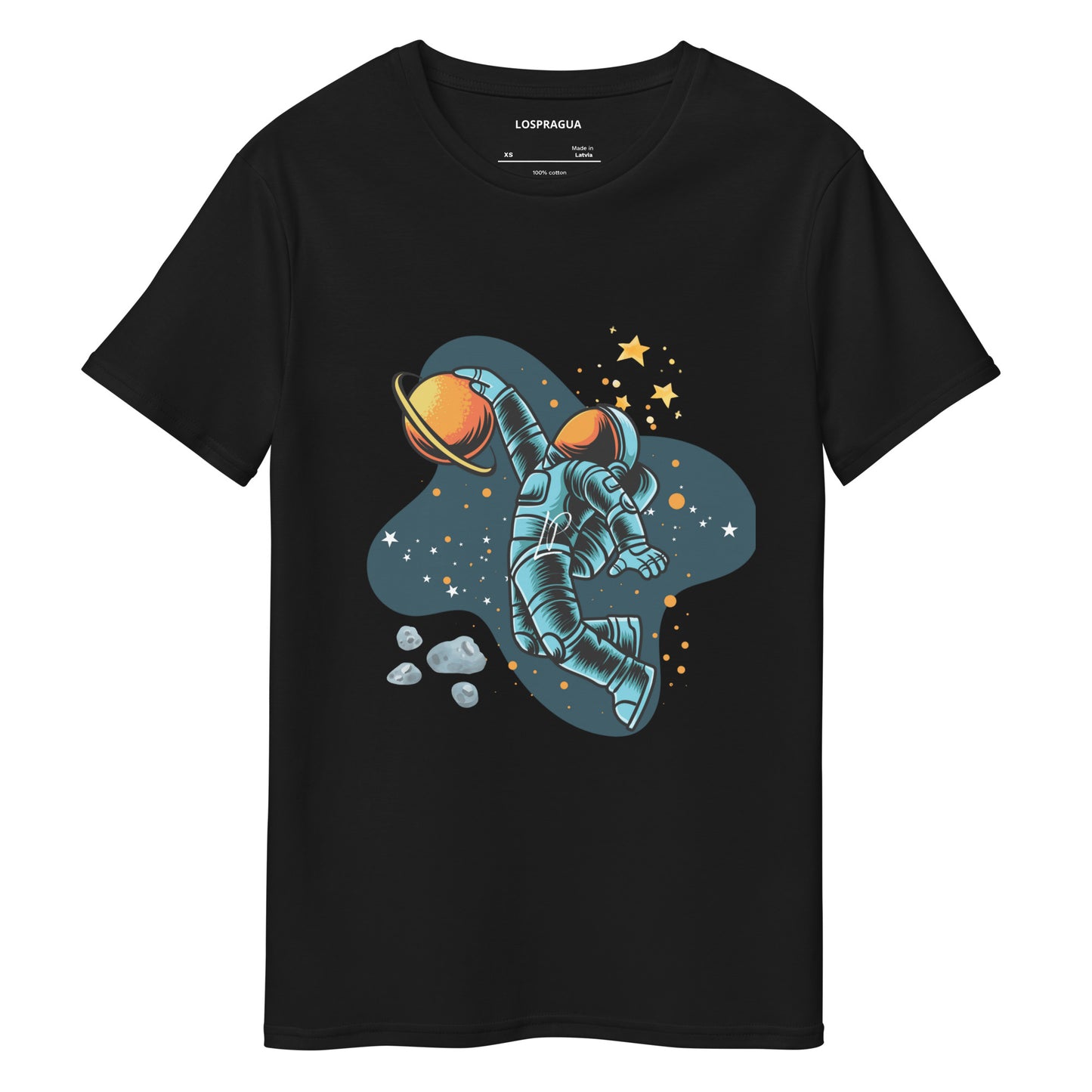 T-shirt  LOSPRAGUA en coton Galaxy astronaute illustrée bleue et orange