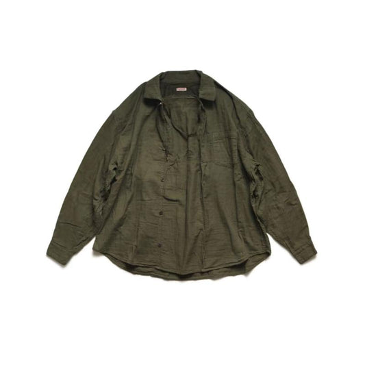 KAPITA Tissu de lin en coton vert militaire lavé et usé Pli Design Chemises à manches longues pour hommes et femmes