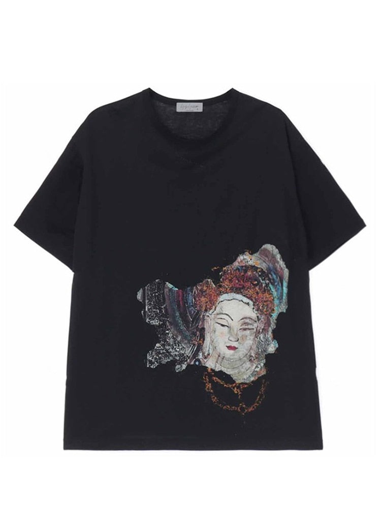 YOHJI YAMAMOTO Bouddha Guanyin tête impression T-shirt à manches courtes lâche o-cou surdimensionné